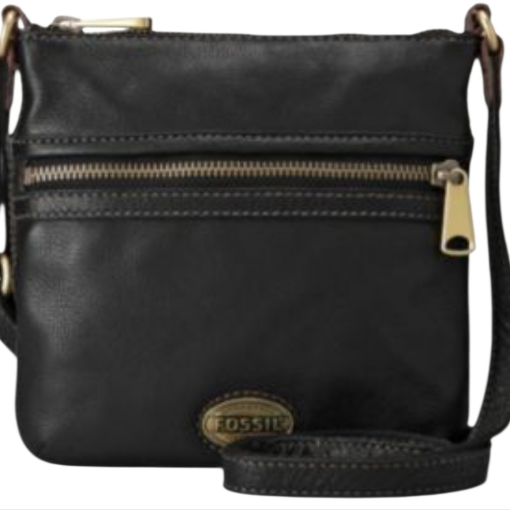 Vintage Fossil Explorer Black Pebbled Leather Criss Body Brass Hardware